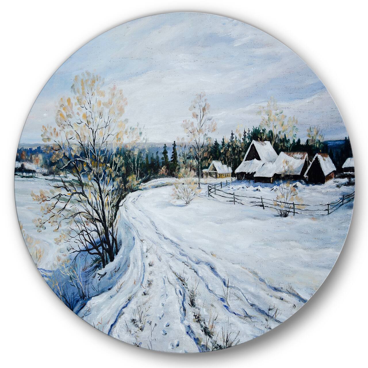 Designart - Country Road In Winter Times II - Traditional Metal Circle Wall Art
